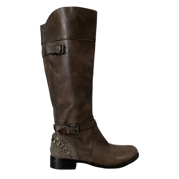Gianni Bini Tall Brown Leather Rhinestone Boots 8.5 - Picture 1 of 13